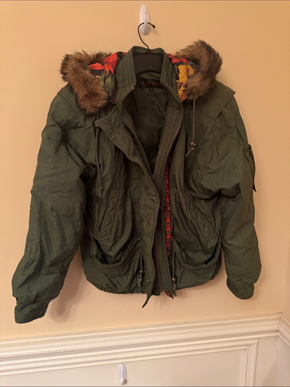 Donny Brook Olive Green‎ Faux Fur Trim Hooded Bomber Jacket Size Small